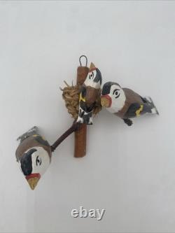 OOAK Bird Carved Wood Folk Art Vintage 3 European Goldfinches Basket Nest 5.5x7