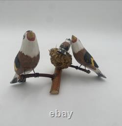 OOAK Bird Carved Wood Folk Art Vintage 3 European Goldfinches Basket Nest 5.5x7