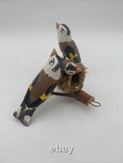 OOAK Bird Carved Wood Folk Art Vintage 3 European Goldfinches Basket Nest 5.5x7