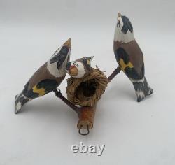 OOAK Bird Carved Wood Folk Art Vintage 3 European Goldfinches Basket Nest 5.5x7