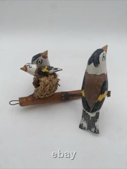 OOAK Bird Carved Wood Folk Art Vintage 3 European Goldfinches Basket Nest 5.5x7