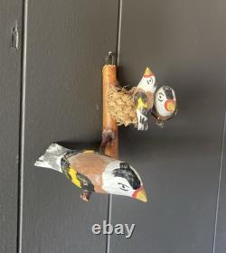 OOAK Bird Carved Wood Folk Art Vintage 3 European Goldfinches Basket Nest 5.5x7