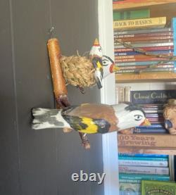 OOAK Bird Carved Wood Folk Art Vintage 3 European Goldfinches Basket Nest 5.5x7