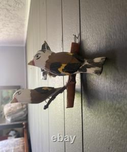 OOAK Bird Carved Wood Folk Art Vintage 3 European Goldfinches Basket Nest 5.5x7