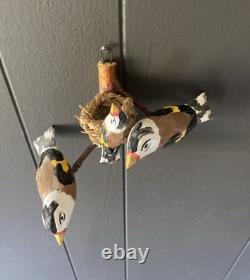 OOAK Bird Carved Wood Folk Art Vintage 3 European Goldfinches Basket Nest 5.5x7