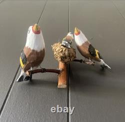 OOAK Bird Carved Wood Folk Art Vintage 3 European Goldfinches Basket Nest 5.5x7
