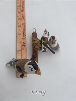 OOAK Bird Carved Wood Folk Art Vintage 3 European Goldfinches Basket Nest 5.5x7