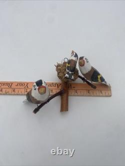 OOAK Bird Carved Wood Folk Art Vintage 3 European Goldfinches Basket Nest 5.5x7