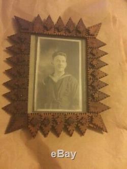 ORIGINAL Antique Folk/Tramp Art Carved Wood Frame with Photograph 8.5H x 7.5W