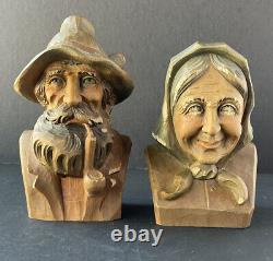 Oberammergau Vintage Wood Hand Carved Folk Art Man & Woman Figurines Stamped