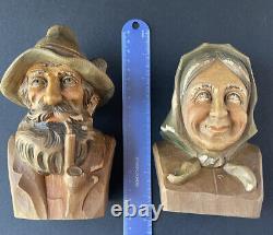 Oberammergau Vintage Wood Hand Carved Folk Art Man & Woman Figurines Stamped