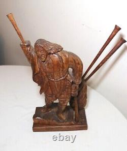 Obscure antique Folk Art hand carved wood figural man trumpet sculpture statue