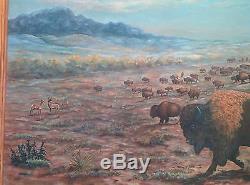 Oil Painting of Bison Buffalo Colorado American Folk Art 1967 Hand Carved Frame