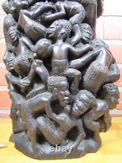 Old African Folk Art Wooden Carved Tree of Life Figural Decorative Art Statue