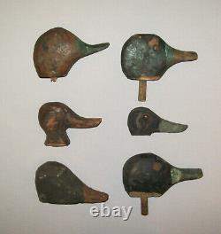 Old Antique Vtg 1900s Group of 6 Folk Art Carved Duck Decoy Heads Original Paint