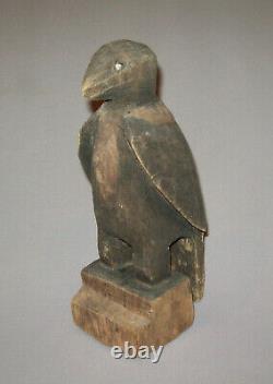 Old Antique Vtg Ca 1900s Folk Art Hand Carved Wooden Crow Figure Original Paint