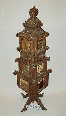 Old Antique Vtg Early 1900s Fantastic Tramp Art Photo Tower 42 Tall Great Folk