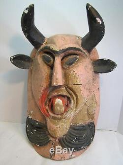 Old Folk Art Carved Carnival Circus Side Show Horned Devil Decorative Face Mask