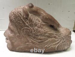 Old Folk Art Hand Carved Stone Carving of 2 Heads with Woman