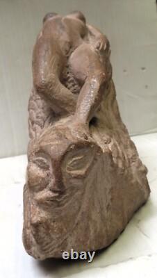 Old Folk Art Hand Carved Stone Carving of 2 Heads with Woman