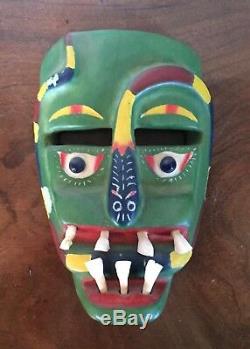 Old Mexican Folk Art Carved Wood Mask Devil Snake Day of the Dead Real Teeth