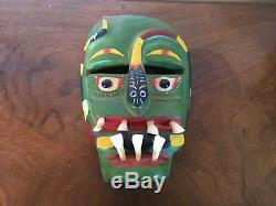 Old Mexican Folk Art Carved Wood Mask Devil Snake Day of the Dead Real Teeth