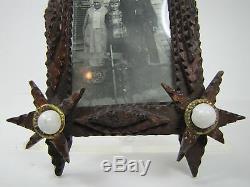 Old Tramp Art Wooden Frame miniature hand carved folk art tiered lwr stars brass