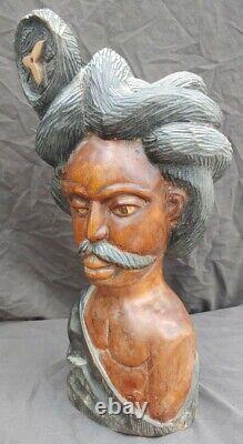 Old Vintage Hand Carved Wooden Ethnic Folk Art Statue Bust Figure Wood Carving