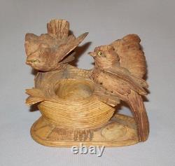 Old Vtg 19th C Folk Art Carved Wooden Bird Figures With Birds Nest Match Holder