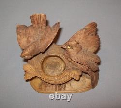 Old Vtg 19th C Folk Art Carved Wooden Bird Figures With Birds Nest Match Holder