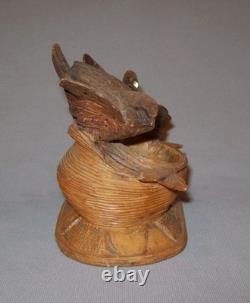 Old Vtg 19th C Folk Art Carved Wooden Bird Figures With Birds Nest Match Holder