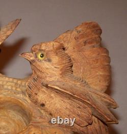 Old Vtg 19th C Folk Art Carved Wooden Bird Figures With Birds Nest Match Holder