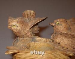 Old Vtg 19th C Folk Art Carved Wooden Bird Figures With Birds Nest Match Holder