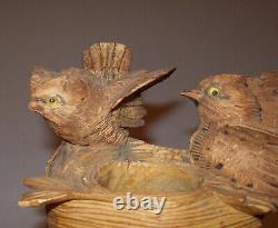 Old Vtg 19th C Folk Art Carved Wooden Bird Figures With Birds Nest Match Holder
