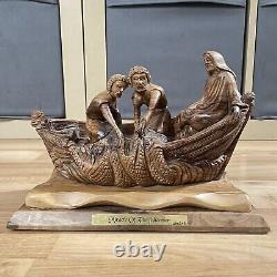 Olive Wood Statue Miracle Of The Fishermen Hand Carved Sculpture Folk Art Signed