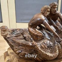 Olive Wood Statue Miracle Of The Fishermen Hand Carved Sculpture Folk Art Signed