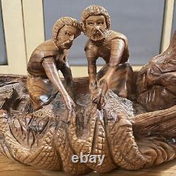 Olive Wood Statue Miracle Of The Fishermen Hand Carved Sculpture Folk Art Signed