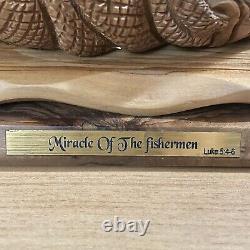 Olive Wood Statue Miracle Of The Fishermen Hand Carved Sculpture Folk Art Signed