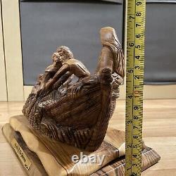 Olive Wood Statue Miracle Of The Fishermen Hand Carved Sculpture Folk Art Signed
