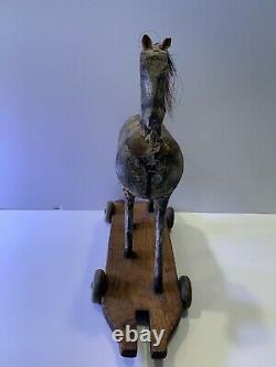 Orig Hand Carved Antique Primitive Folk Art Childs Toy Horse On Wood Base