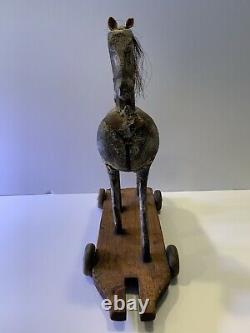 Orig Hand Carved Antique Primitive Folk Art Childs Toy Horse On Wood Base