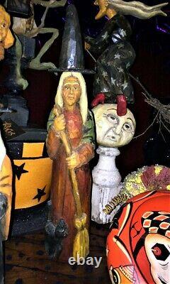 Orig OOAK Hand Carved Anthony Costanza Halloween FolkArt Witch w Black Cat signd