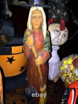 Orig OOAK Hand Carved Anthony Costanza Halloween FolkArt Witch w Black Cat signd