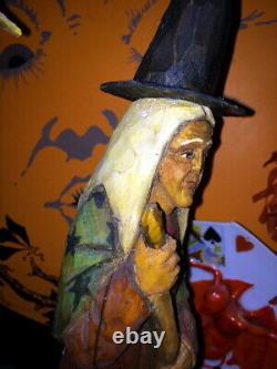 Orig OOAK Hand Carved Anthony Costanza Halloween FolkArt Witch w Black Cat signd