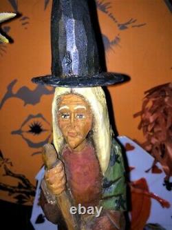 Orig OOAK Hand Carved Anthony Costanza Halloween FolkArt Witch w Black Cat signd