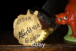 Orig OOAK Hand Carved Anthony Costanza Halloween FolkArt Witch w Black Cat signd