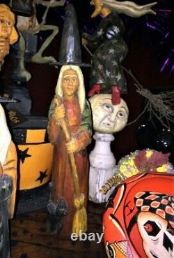 Orig OOAK Hand Carved Anthony Costanza Halloween FolkArt Witch w Black Cat signd