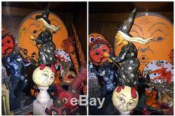 Orig OOAK Hand Carved Anthony Costanza Halloween Folk Art Witch over Moon, Signd