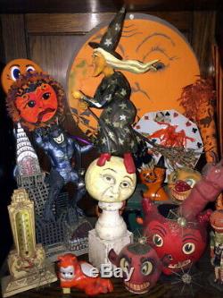 Orig OOAK Hand Carved Anthony Costanza Halloween Folk Art Witch over Moon, Signd