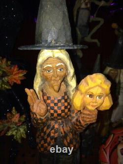 Orig. OOAK Hand Carved Anthony Costanza Halloween Folk Art Witch w Mask, Signed
